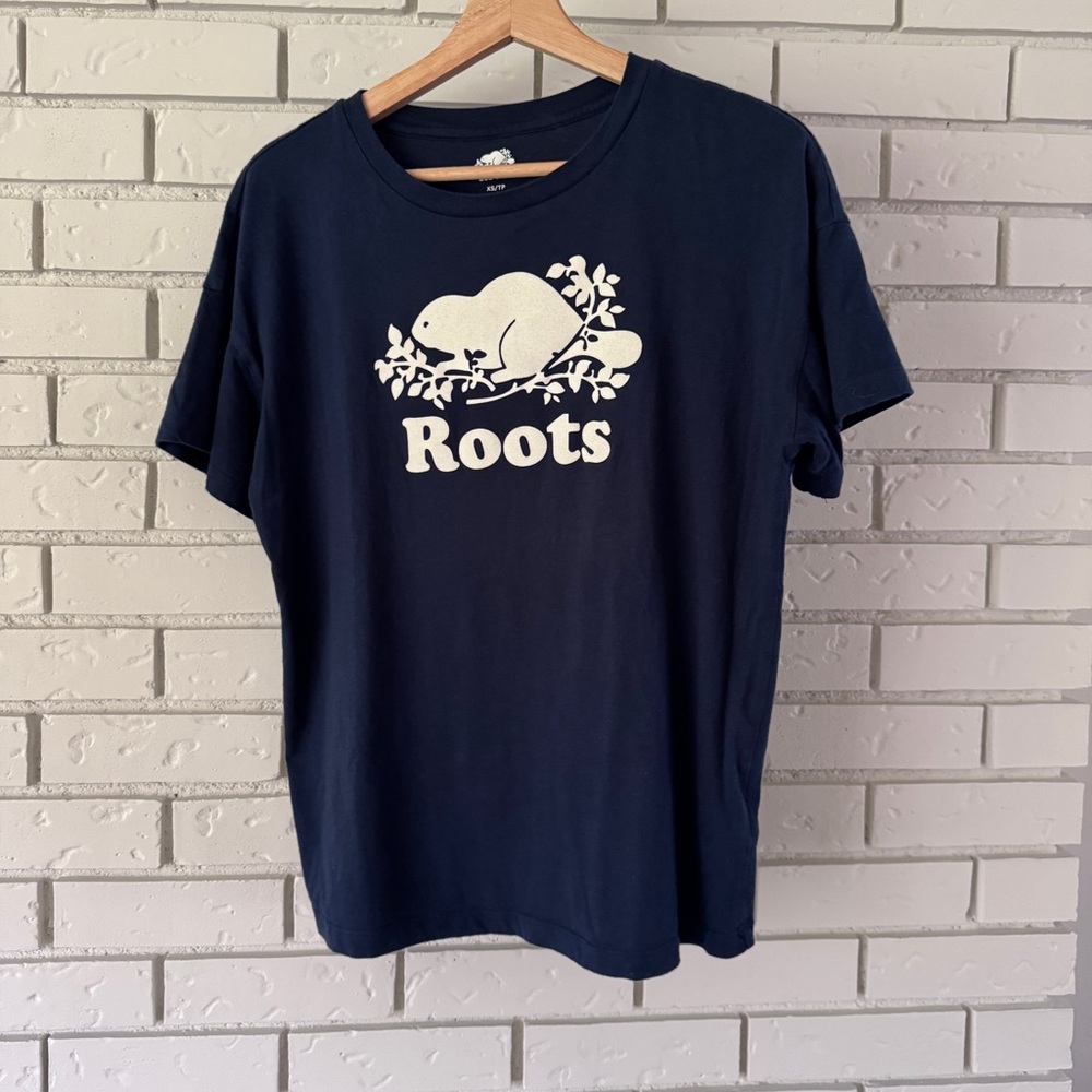 Roots Dark Blue Tee with White Beaver Design